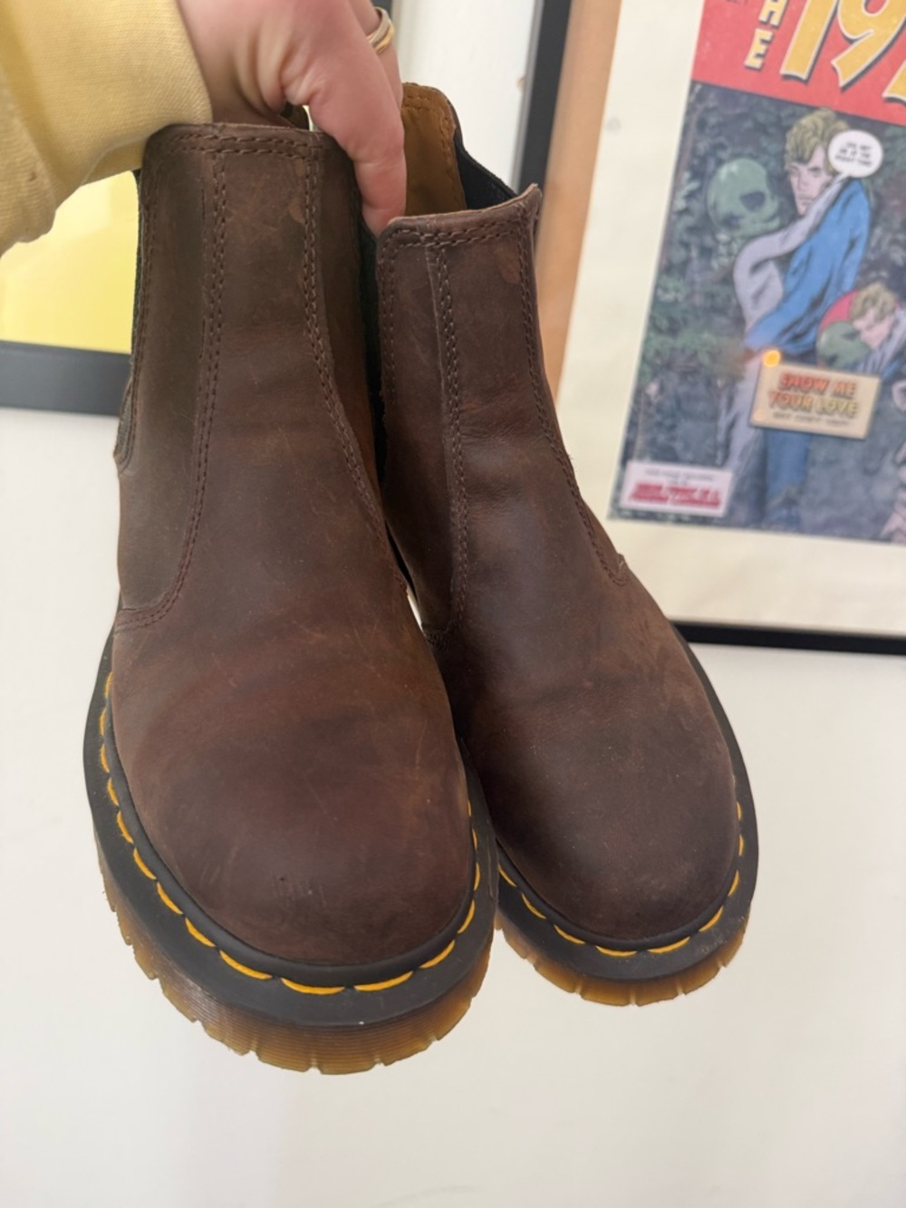 Dr. Martens Brown Leather Boots with Yellow Stitching